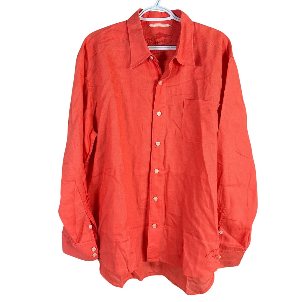 Tommy Bahama Relax 100% Linen Shirt Button Up Mens L Orange Long Sleeve Casual